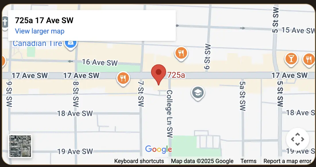 Map showing Jungle Bird Tiki Lounge at 725A 17th Ave SW, Calgary, AB